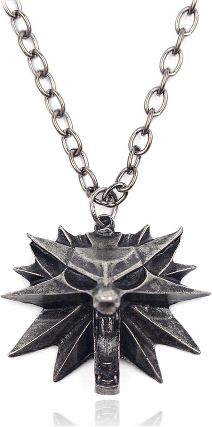 mkyszlt 巫师 3 野生狩猎*章,男士巫师项链狼项链,时尚狼头吊坠复古钢